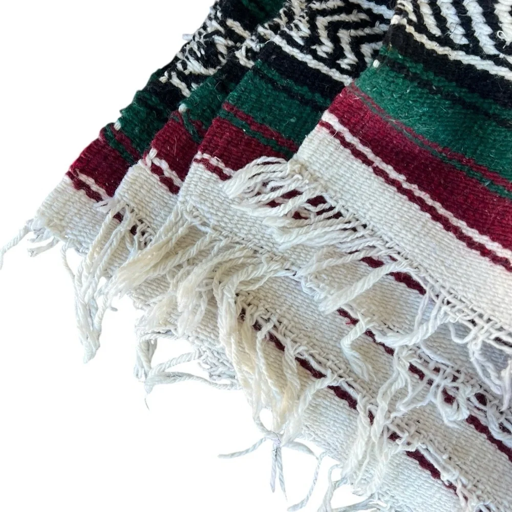 Mexican Serape Woven Falsa Blanket Fringed Red White Green Black 62x76 Soft GUC